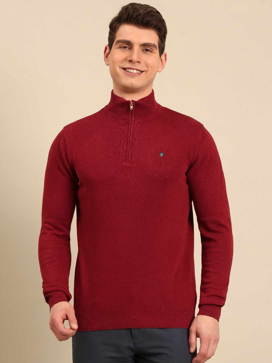 Linen Club Men High Neck Linen Blend Pockets Slim Fit T-shirt