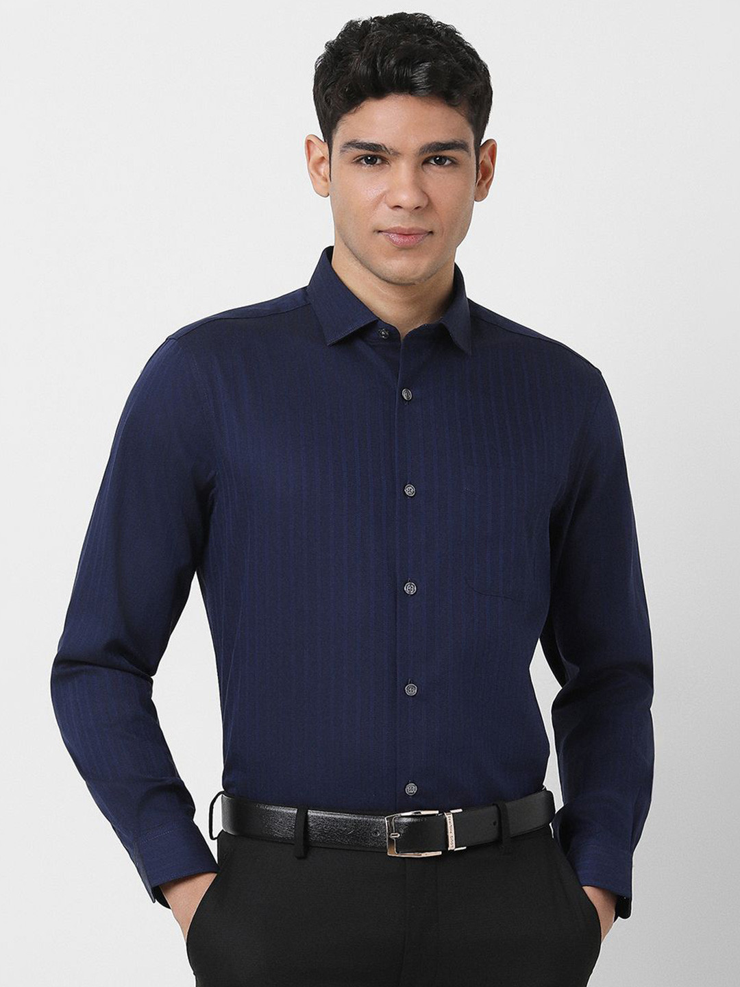 Peter England Elite Men Grid Tattersall Checks Opaque Striped Formal Shirt