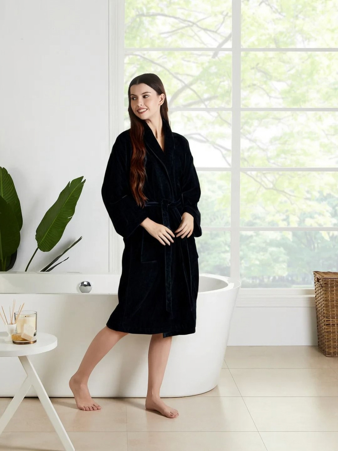 SENSES By Riba, Plush Soft, 400 GSM Black Solid Cotton Drawstring Midi Bath Robe-S/M