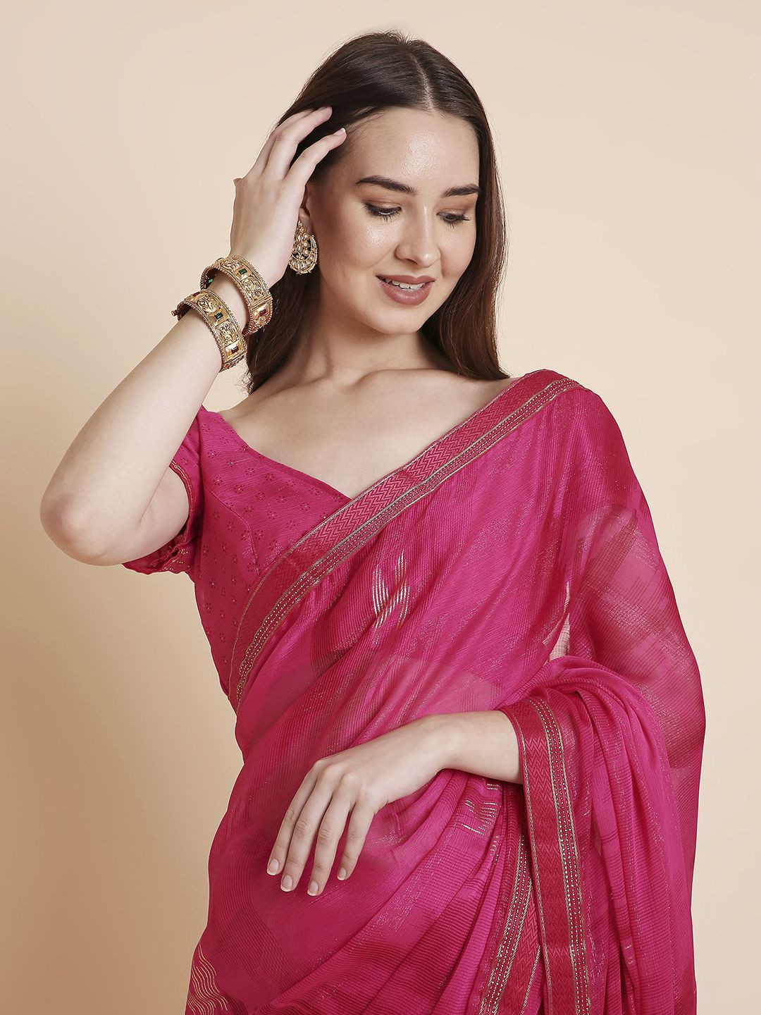 RATAN Women Shimmer Chiffon Printed Saree With Unstitched Blouse Piece