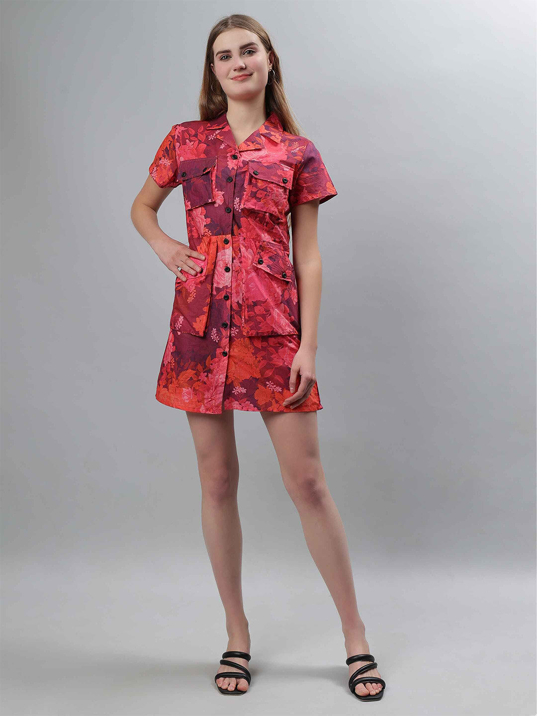 ETRAANA Red Floral Print Mini Shirt Dress