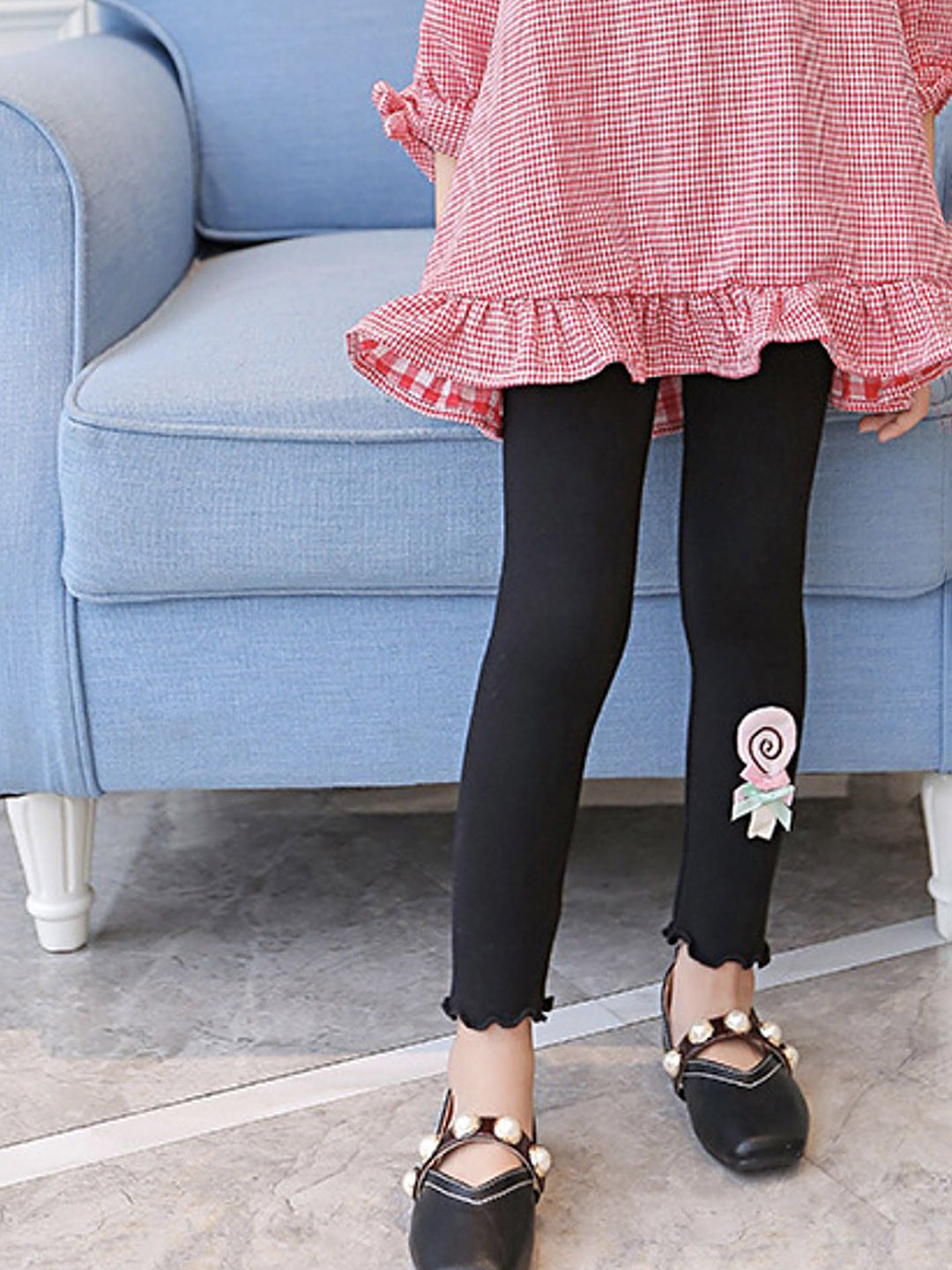 LULU & SKY Girls Mid-Rise Ankle-Length Applique Detail Lettuce Hem Leggings