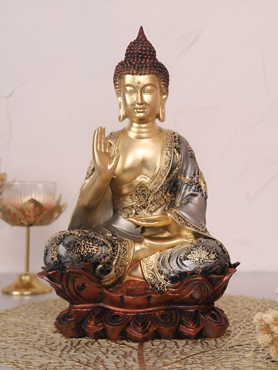 HOME 360 Serenity Lotus Buddha Gold Polyresin Natural Prayer Room Tiny Showpiece - 9.8 Inches