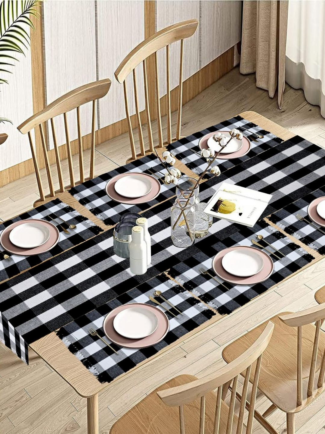 PRAKARTIK 7-Pcs Black & White Printed Cotton Dining Table Mats with Runner