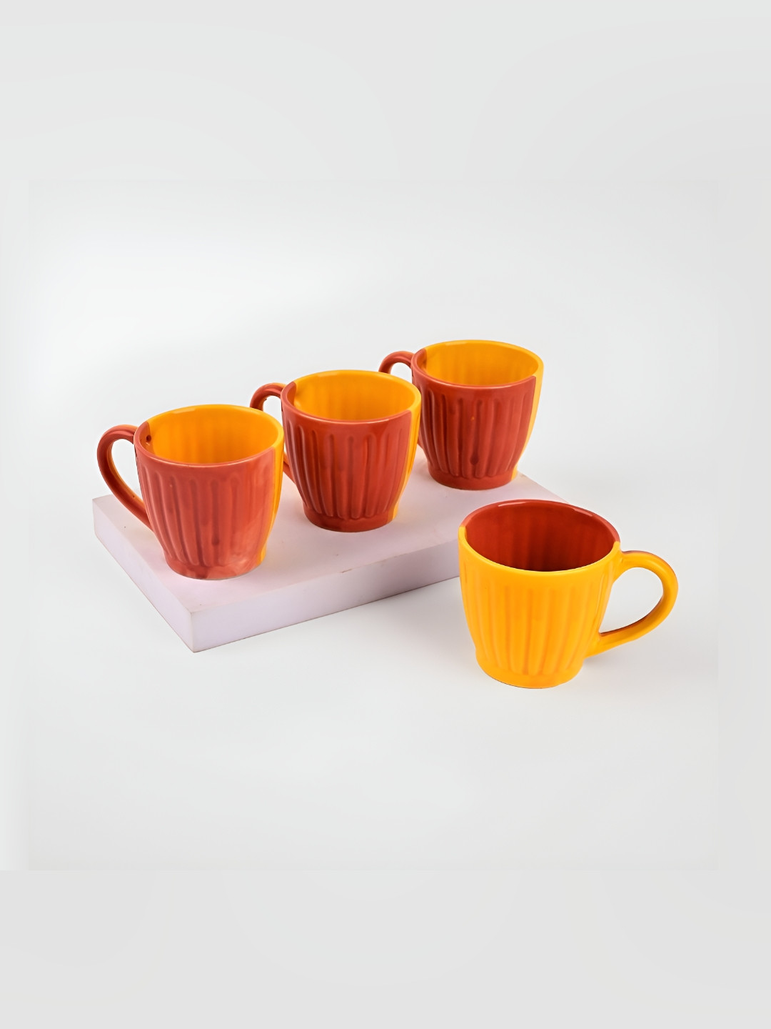 Storepedia Friends theme Red Striped Ceramic Handmade 4 Piece Cups-150ml