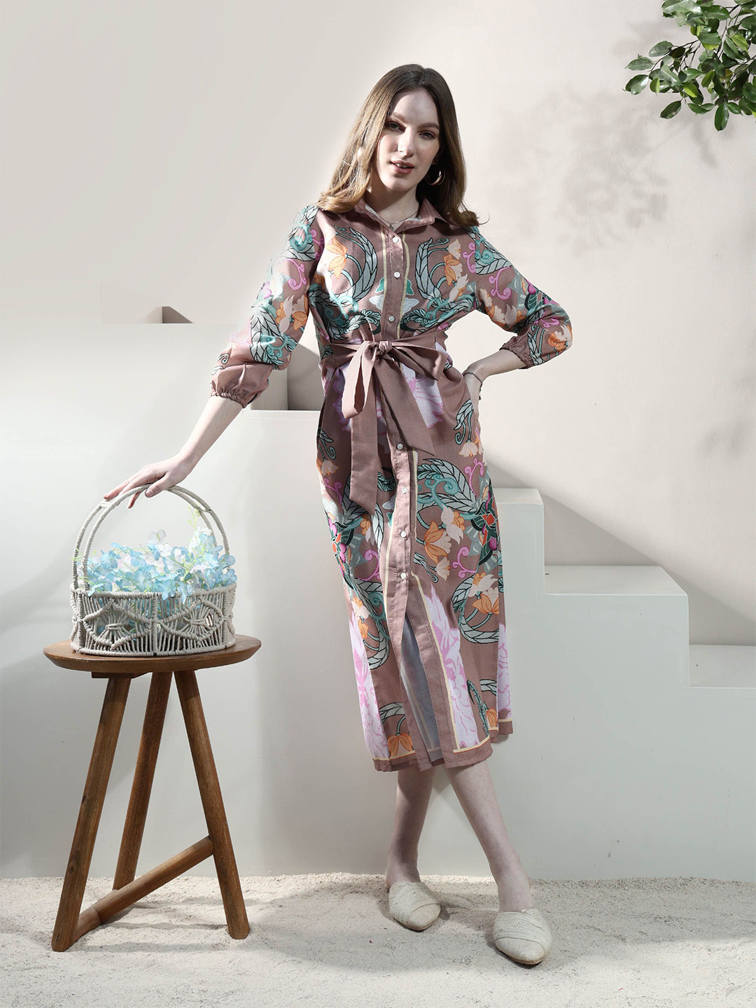 Boho By Athena Floral Print Linen Shirt Midi Dress