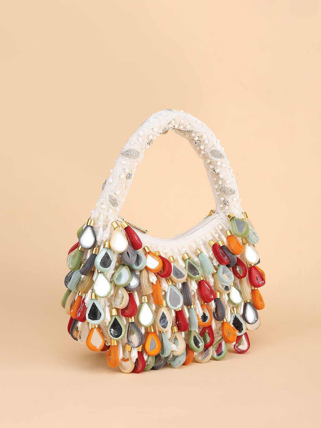 Olive Printed Suede Half Moon Handheld Bag with Tasselled