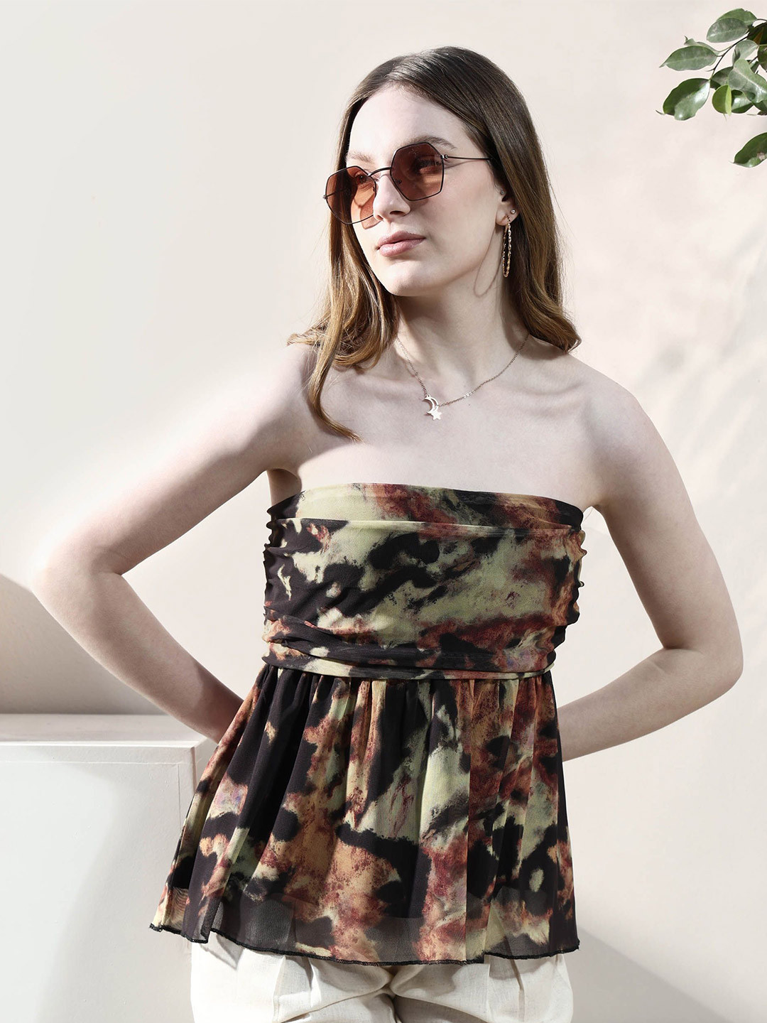 Boho By Athena Tie and Dye Print Off-Shoulder Net Peplum Top