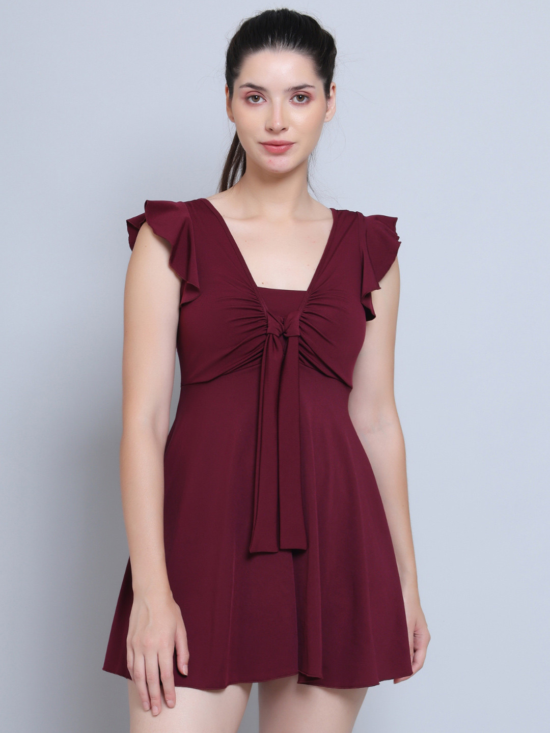 MEGASKA Front Tie Knot Ruched Frock Style Padded One Piece Swimming Dress With Shorts