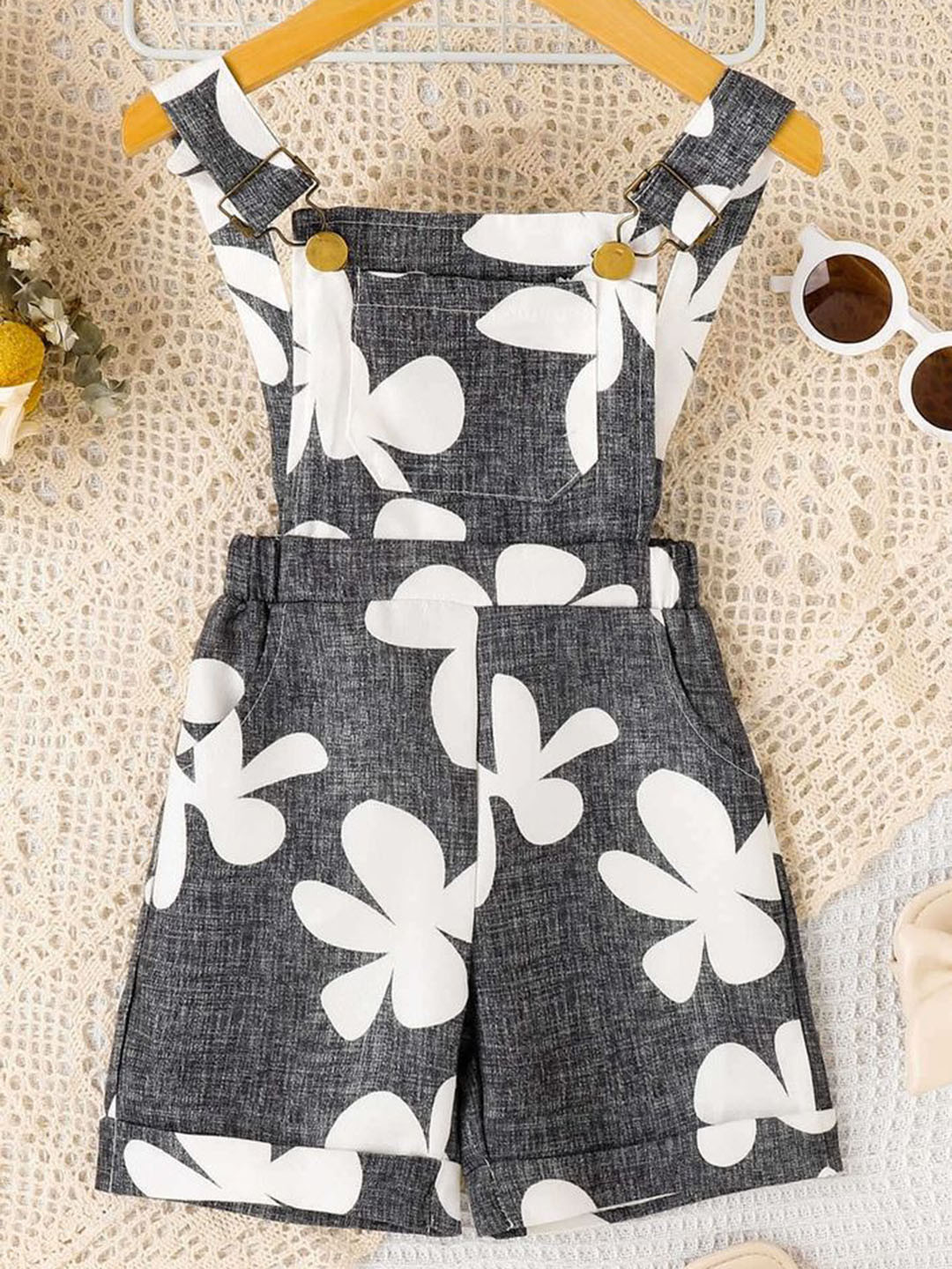 LULU & SKY Girls Printed Folded Hem Dungaree