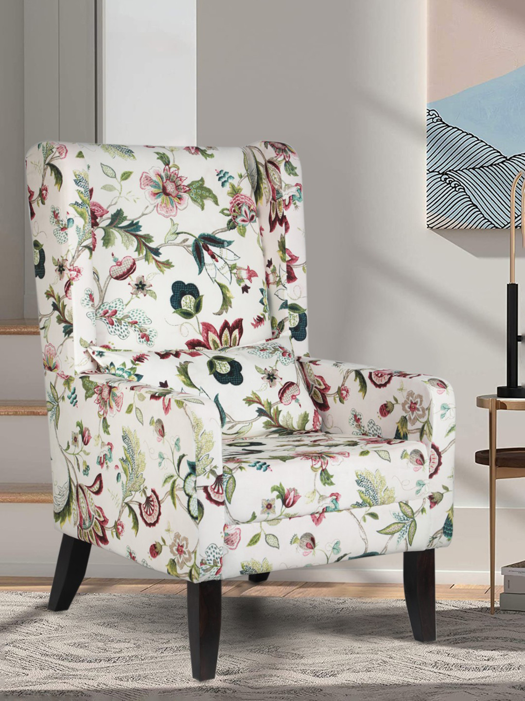 GLOBALLY INDIAN White And Brown Printed Wingback Wooden Lounge Chair