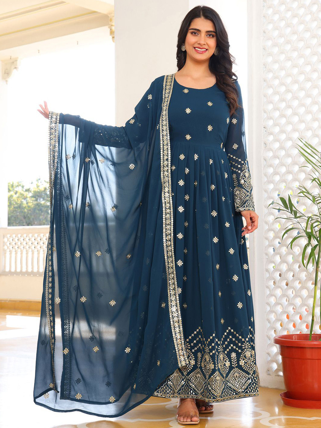 KALINI Embroidered Maxi Ethnic Dress With Dupatta