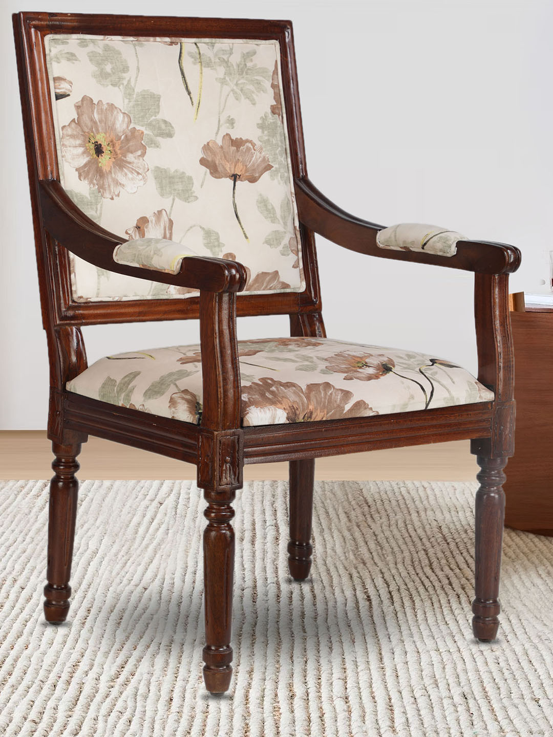 GLOBALLY INDIAN Brown & Beige Printed Classic Wooden Accent-Style Lounge Chair