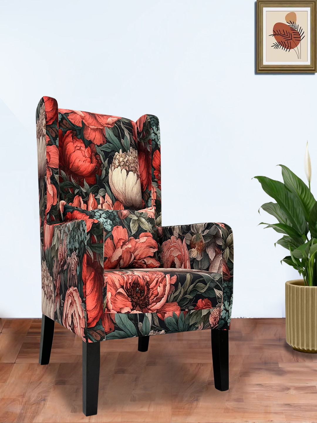 GLOBALLY INDIAN Red And Green Printed Wing Back Lounge Chair