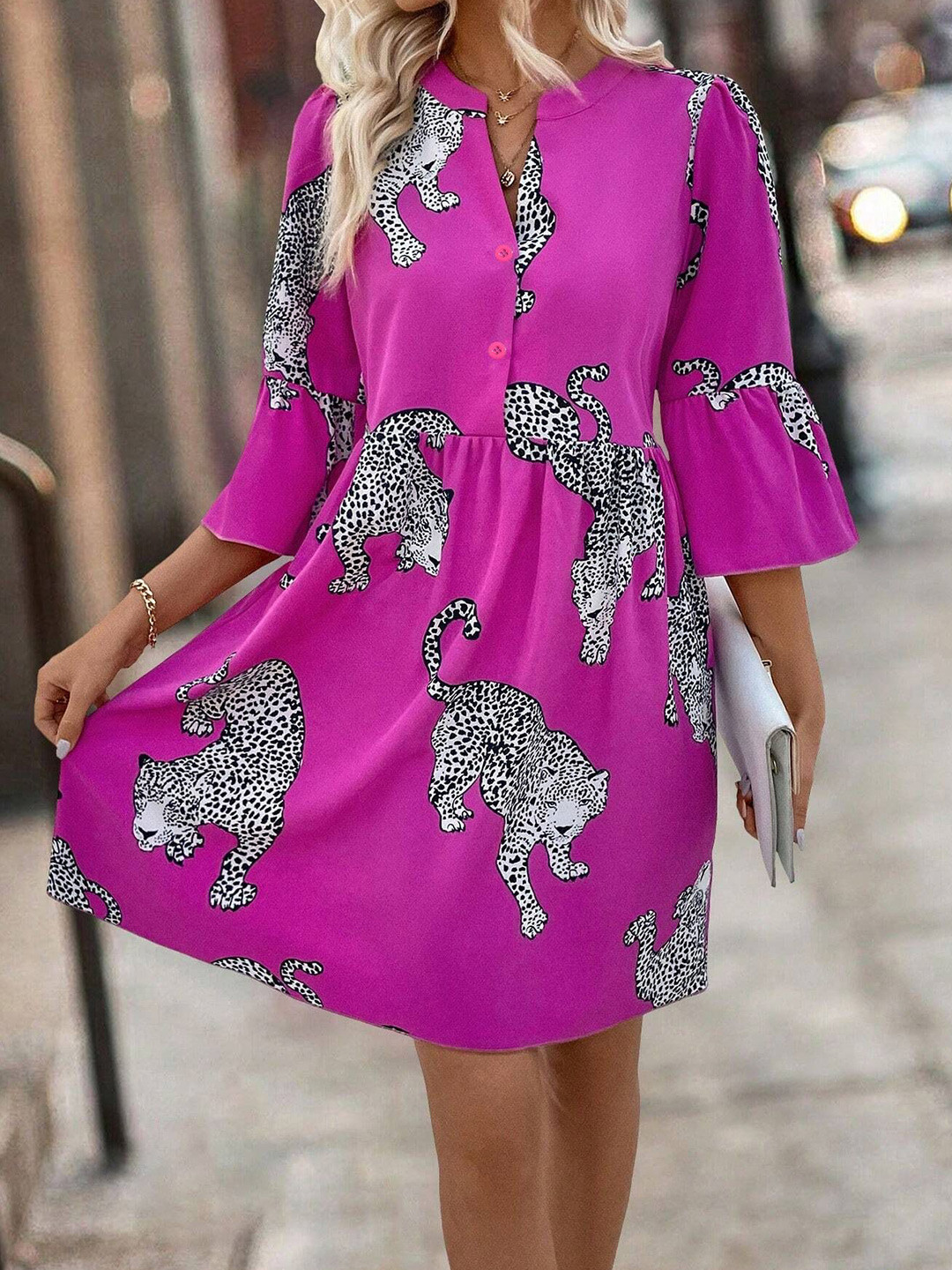 Routes by All About You Animal Print Flared Sleeve A-Line Dress