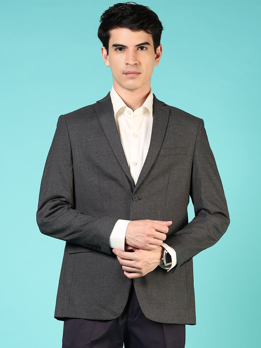 V-Mart Textured Cotton Notched Lapel Single Breasted Formal Blazer