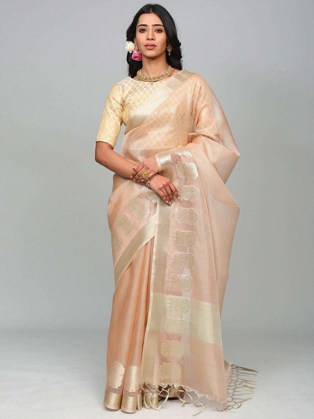 Exotic India Striped Pattern Golden Thread Woven Saree From Banaras with Floral Border