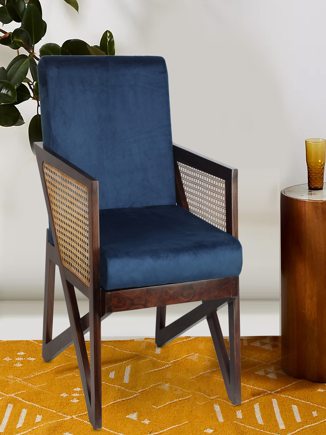 GLOBALLY INDIAN Navy Blue And Brown Accent Wooden Lounge Chair