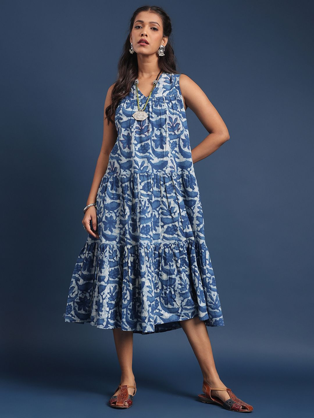 Taavi Indigo Printed Pure Cotton V Neck Dress