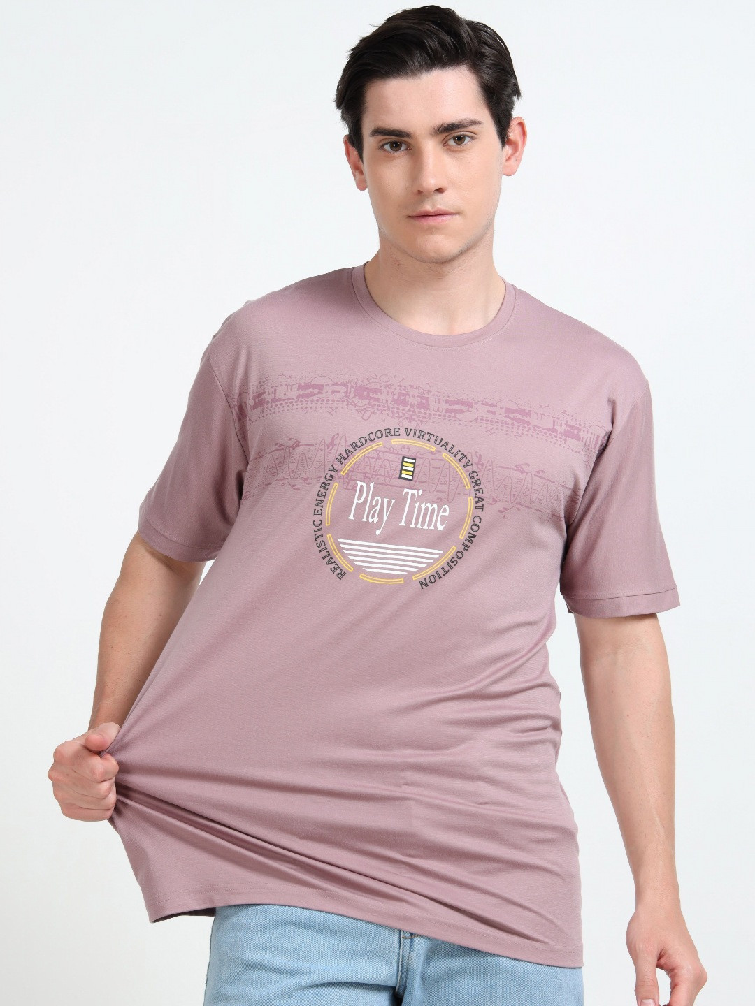 QUCO Poly Stretch Round Neck Printed Half Sleeve T-Shirt