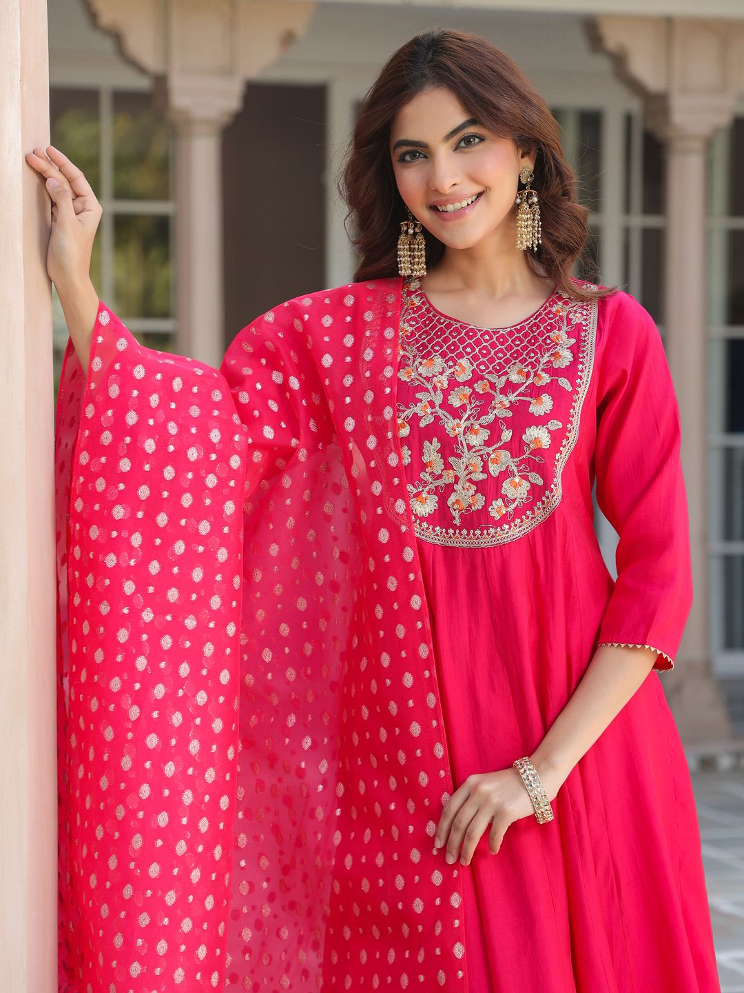 Janasya Women's Pink Chanderi Silk Yoke Embroidered Anarkali Kurta Set