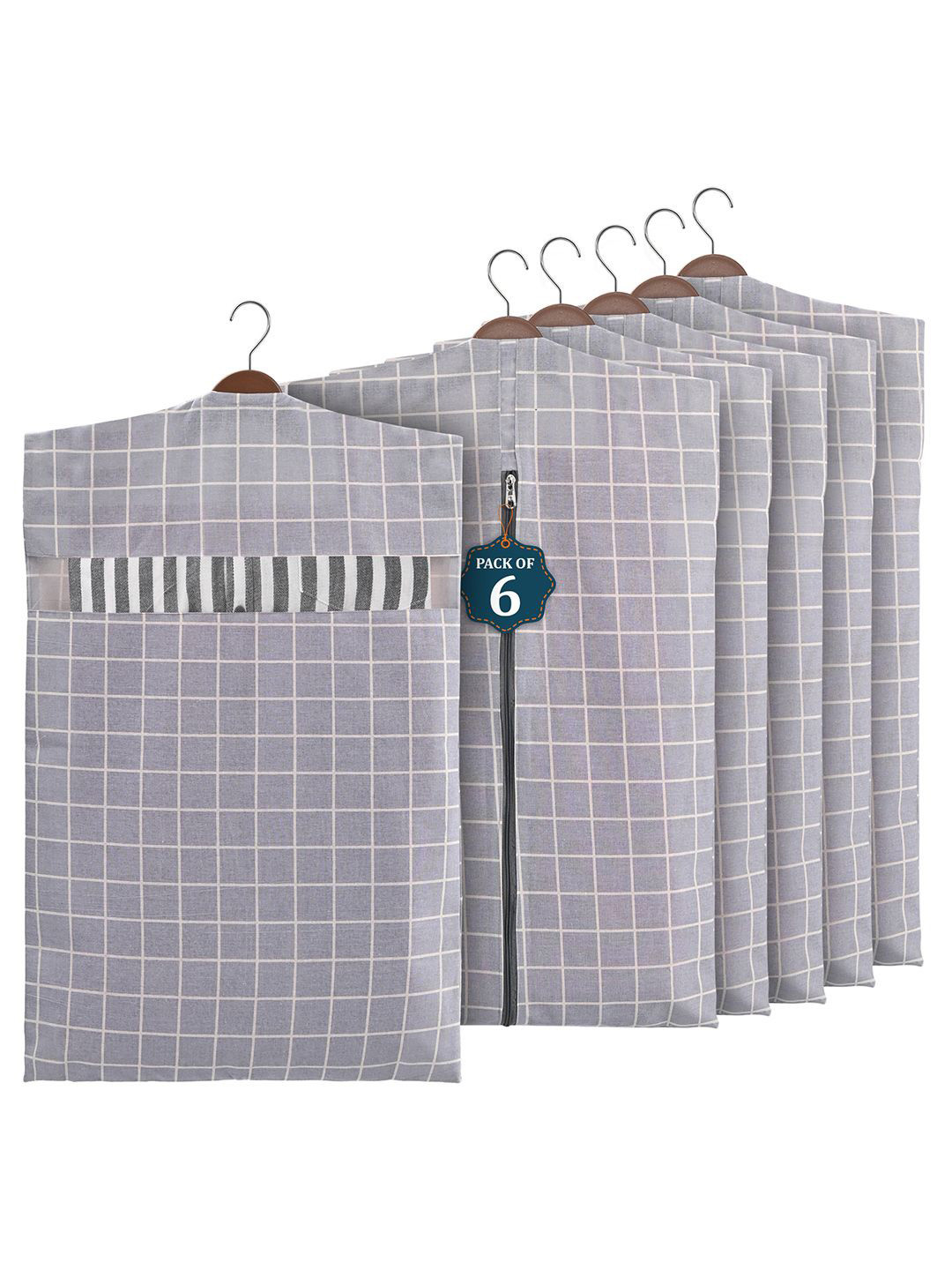 Kuber Industries Grey & White 6 Pieces Checked Cotton Hanging Cloth Organisers