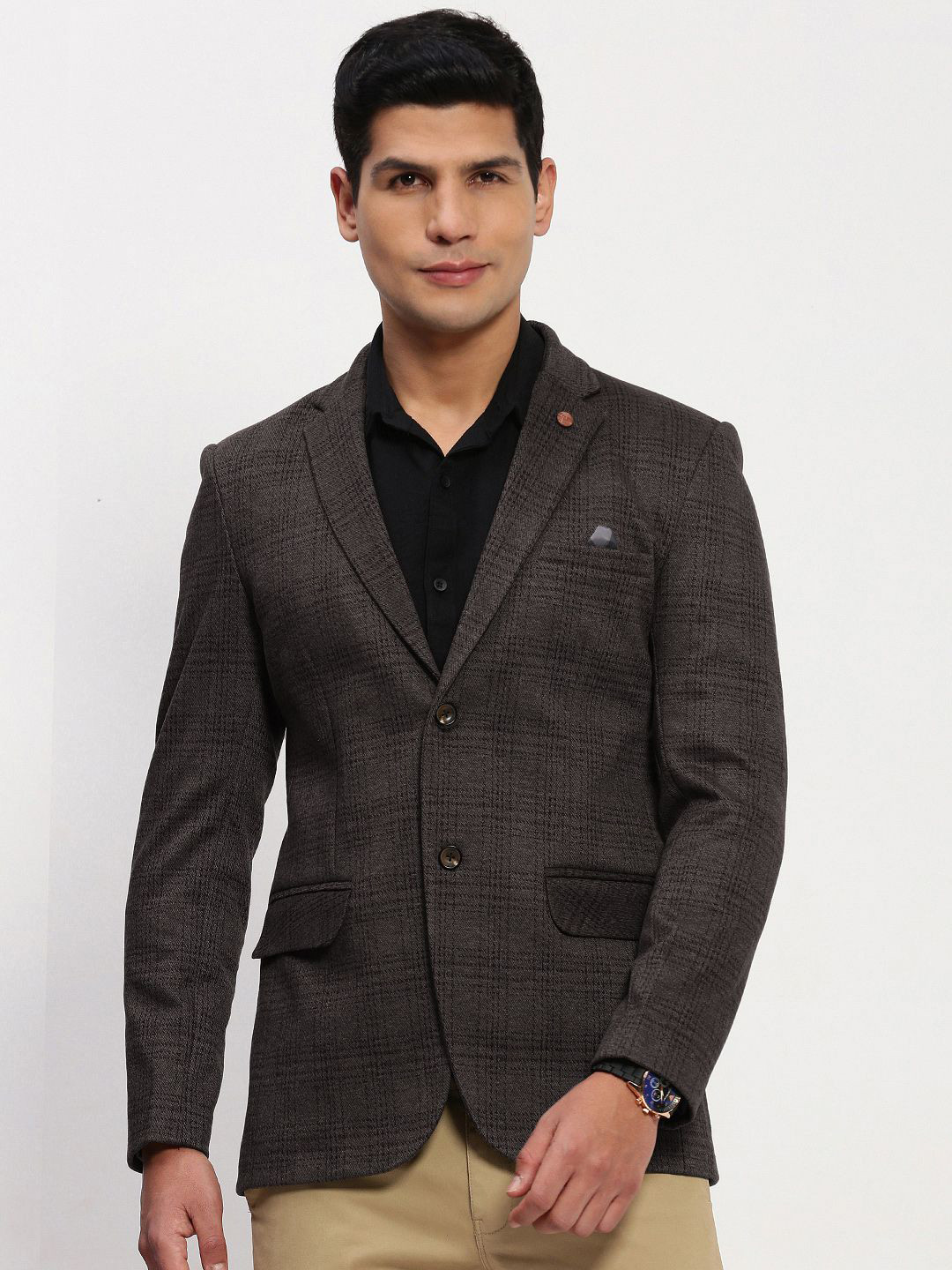 SHOWOFF Checked Cotton Notched Collar Slim Fit Singe Breasted Blazer