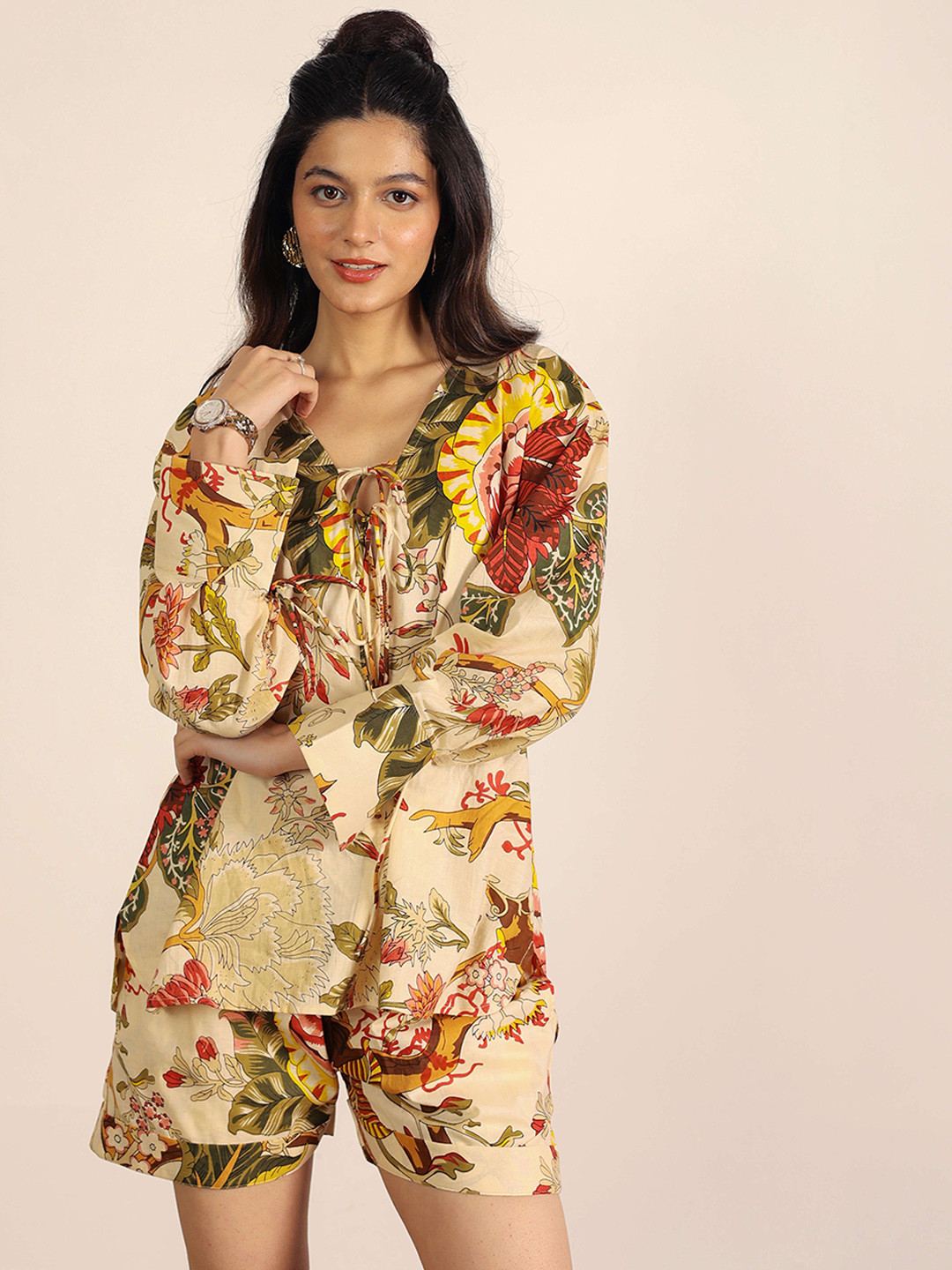 KAORI BY SHREYA AGARWAL Floral Printed Pure Cotton Oversized Top & Mini Shorts Co-Ord Set