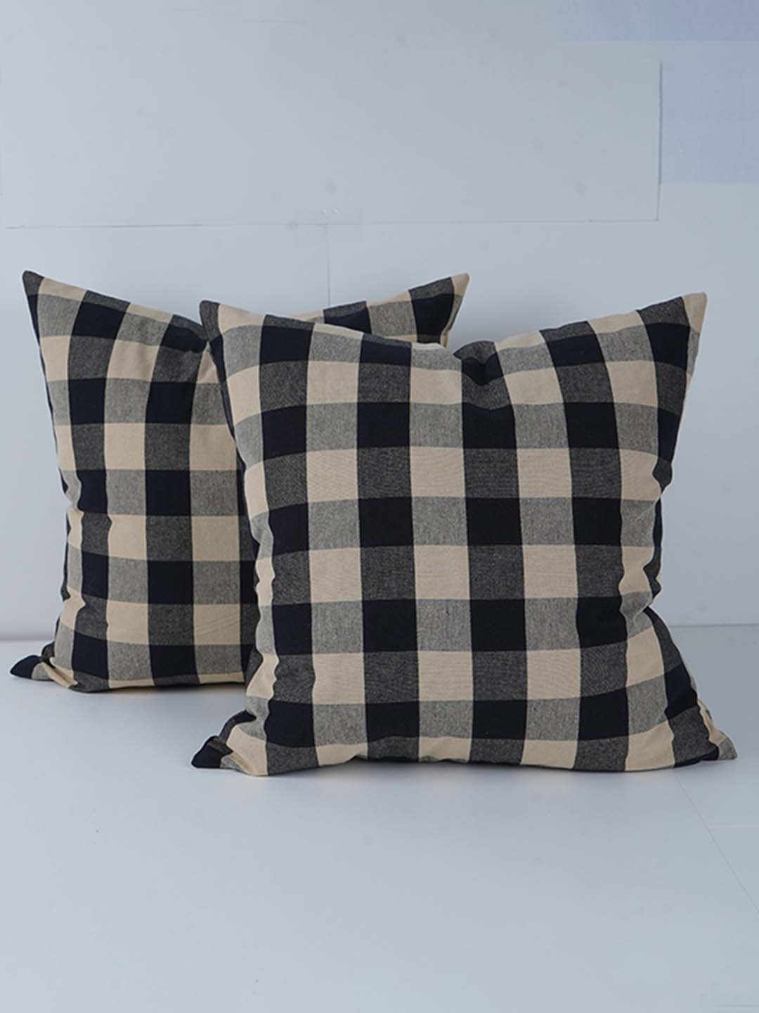 SKANDA FAB Black & Yellow 2 Pieces Checked Cotton Sofa Cushions