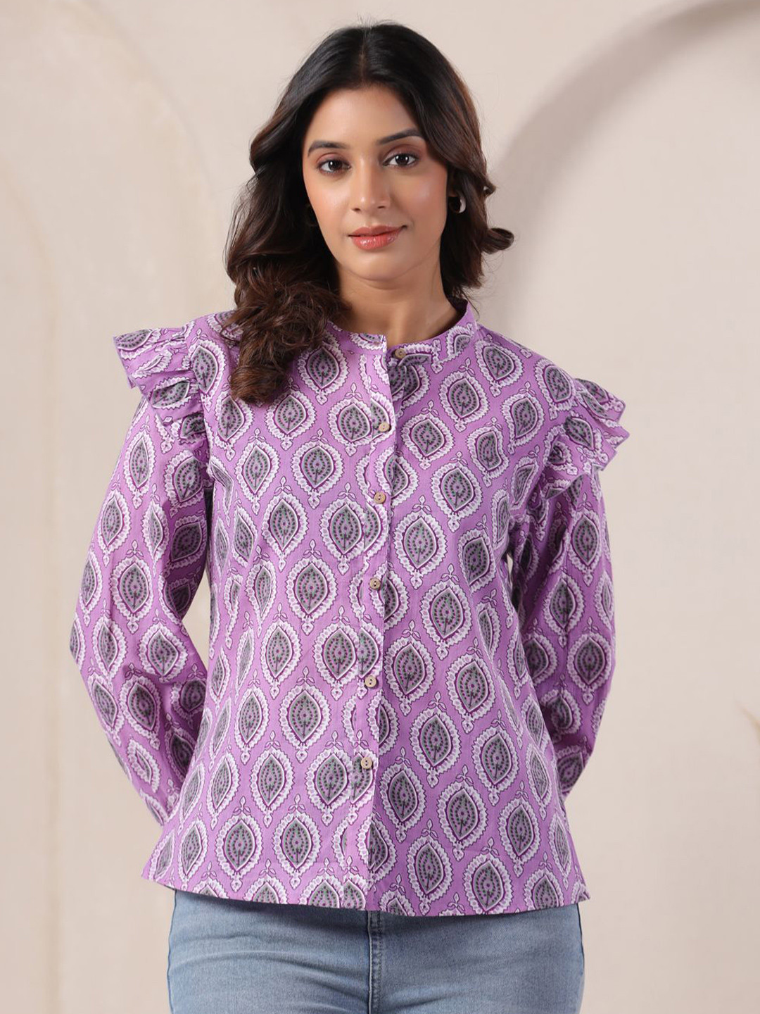 Zenava by Myntra Lavender Buti Print Cotton Mandarin Collar Top
