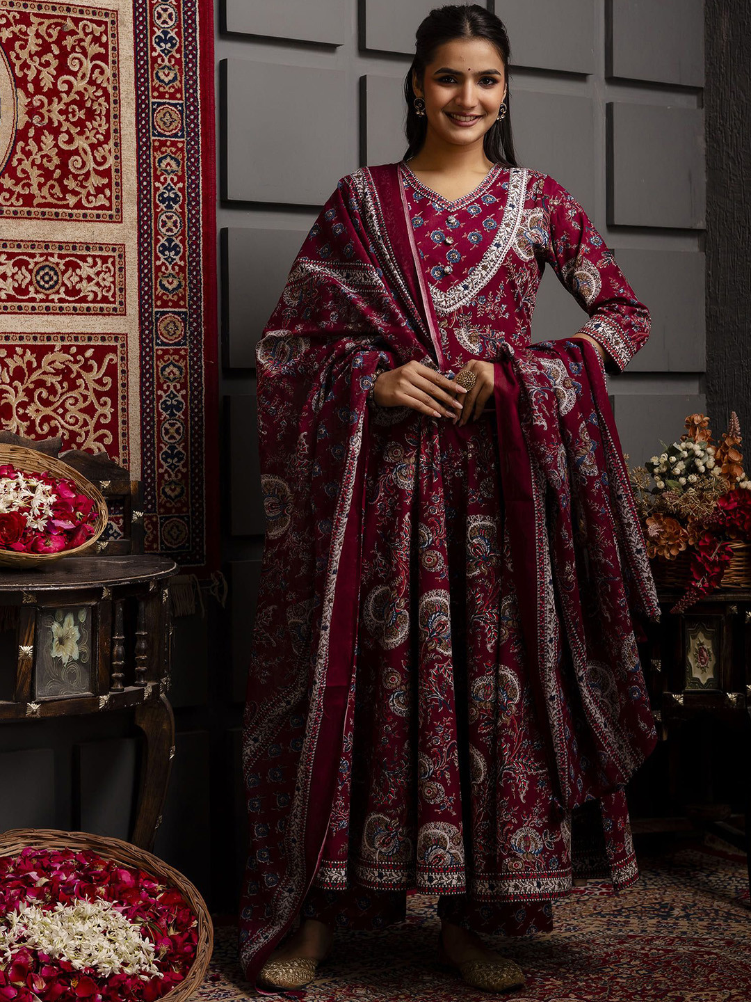 GULMOHAR JAIPUR Floral Flared Printed Kurta Palazzo Set With Dupatta