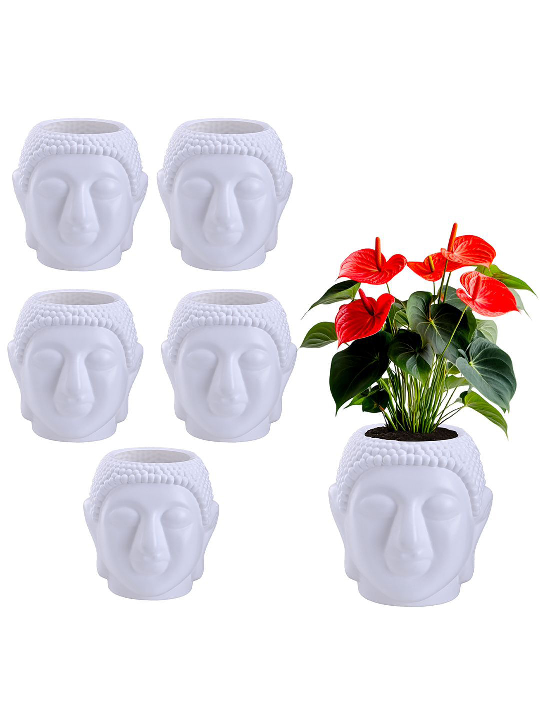 Kuber Industries 6Pcs White Lord Buddha Shaped Flower Planters