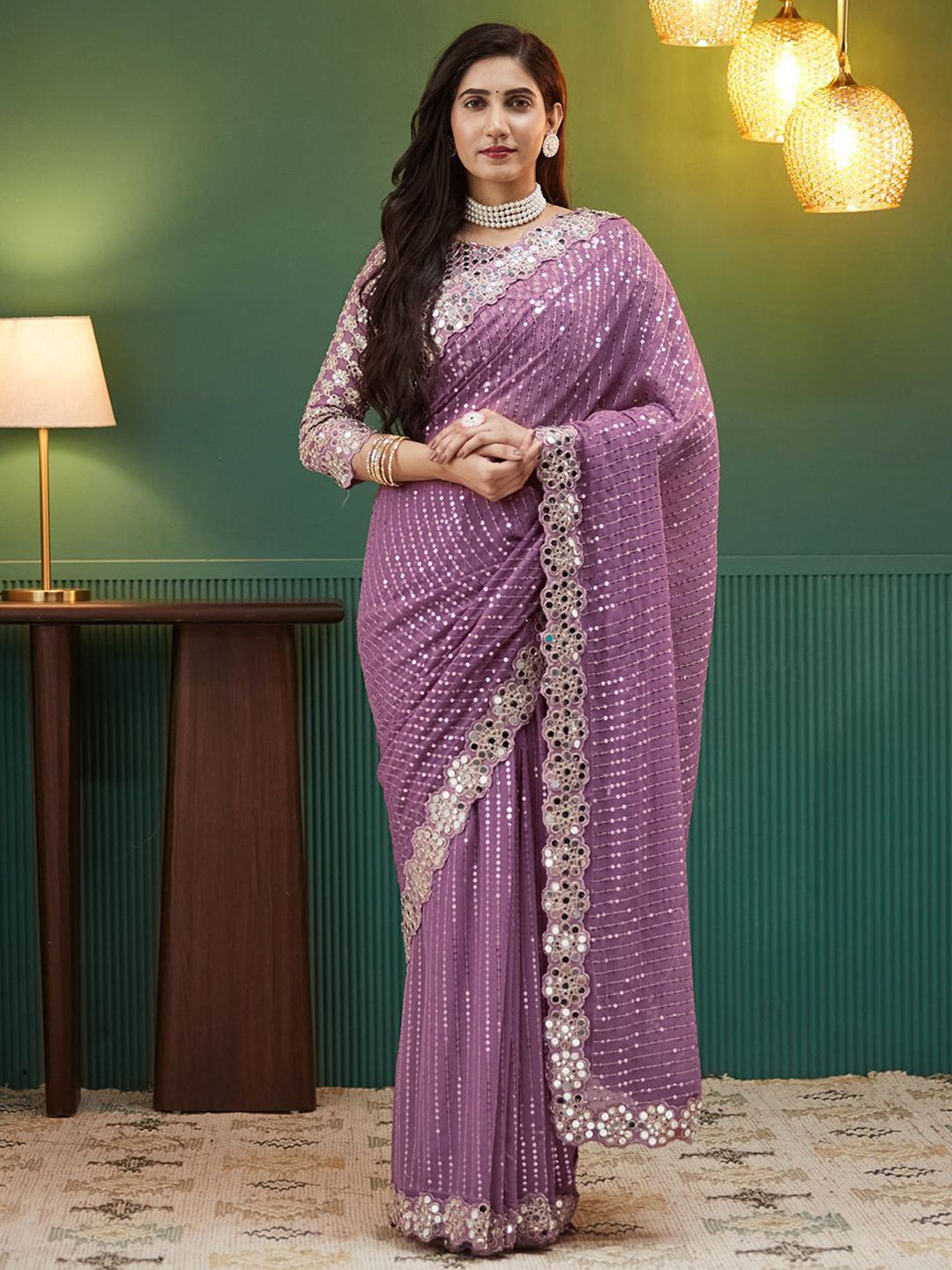 all about you Embellished Sequinned Pure Georgette Heavy Work Saree