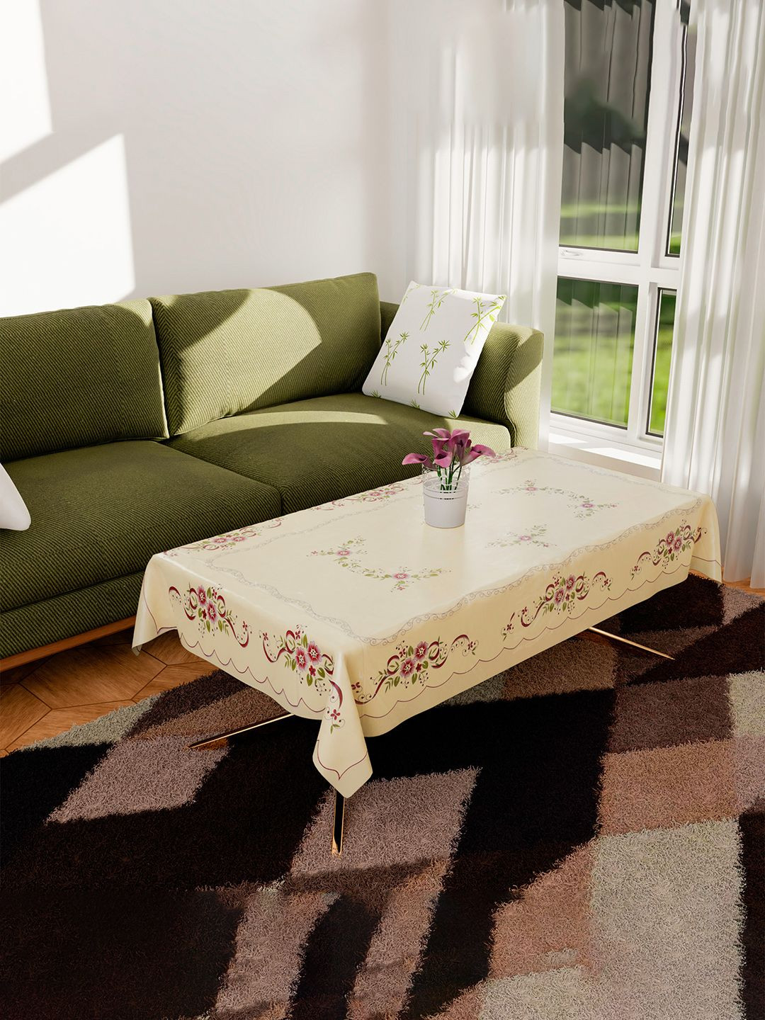 Kuber Industries Cream-Coloured Floral Plastic 4-Seater Table Cover