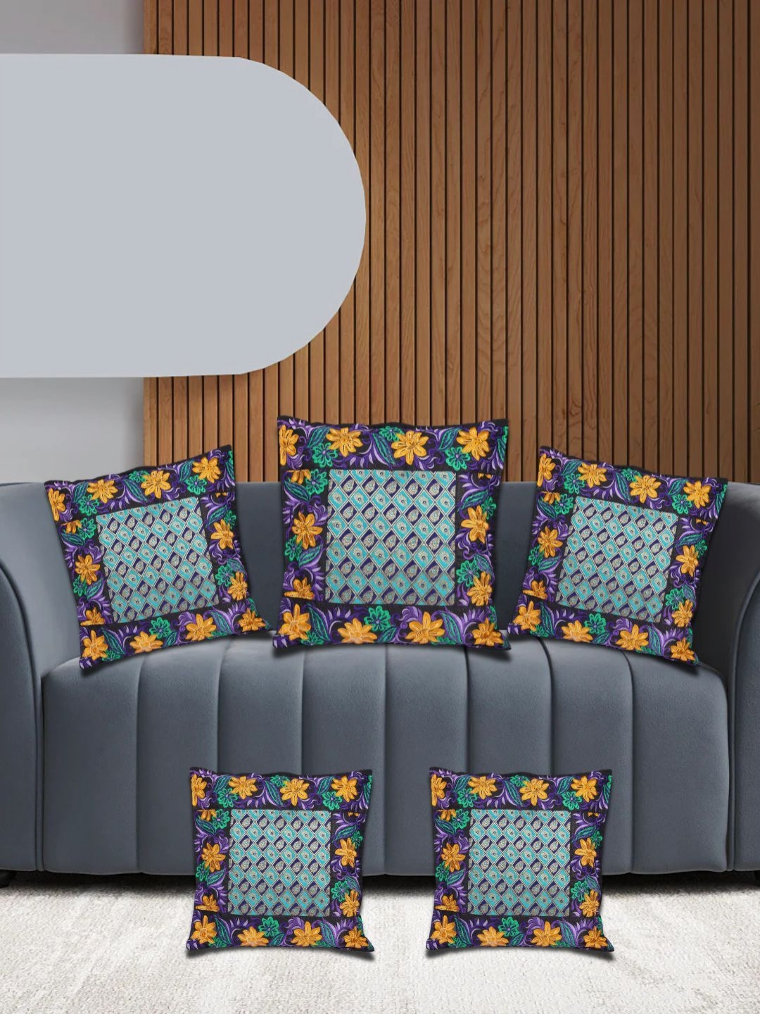REZZY Blue & Purple Set of 5 Floral Square Cushion Covers
