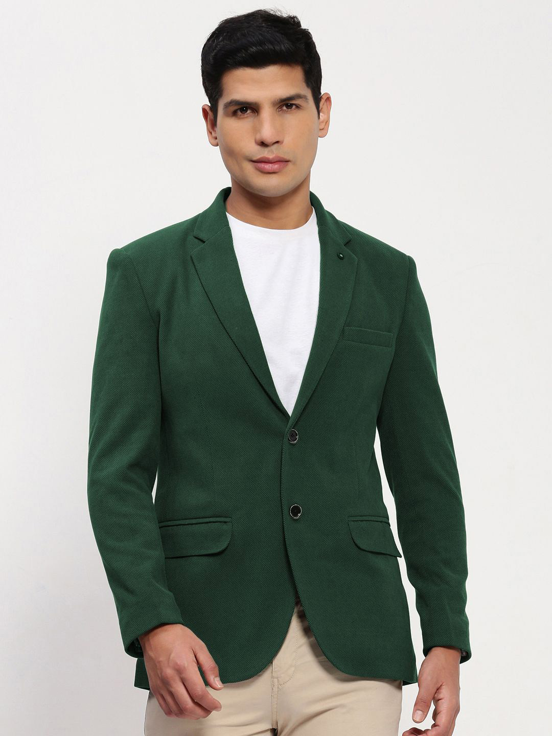 SHOWOFF Self Design Cotton Notched Collar Slim Fit Singe Breasted Blazer
