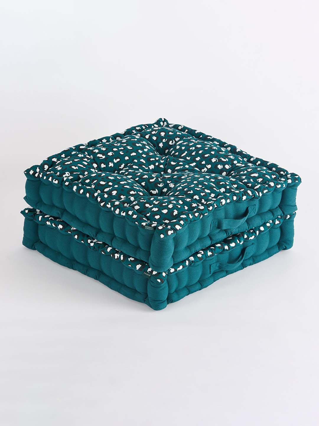 SKANDA FAB Botanical Green & White 2 Pieces Abstract Printed Cotton Square Floor Cushions
