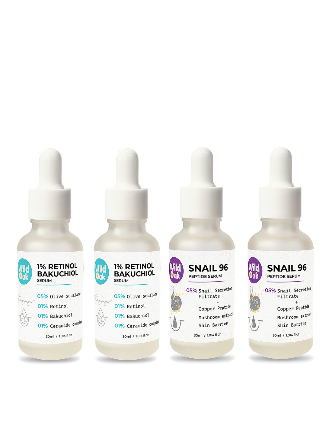 Wild Oak Set of 2 Snail 96 Peptide Serum & 2 Retinol Bakuchiol Serum - 30 ml each