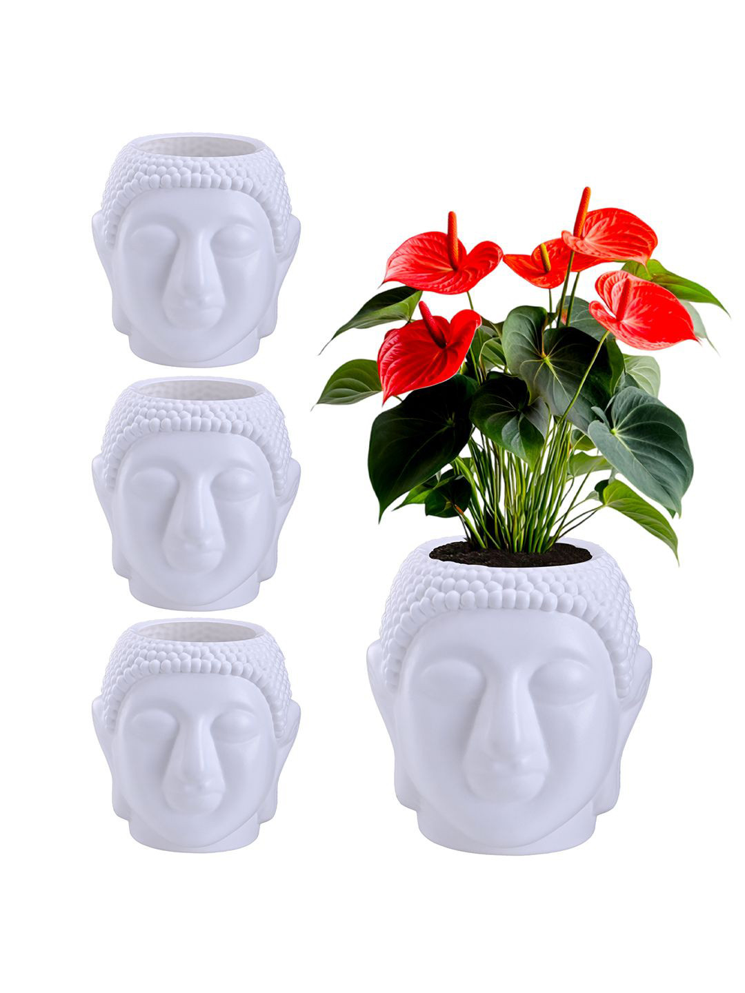 Kuber Industries 4Pcs White Lord Buddha Shaped Flower Planters