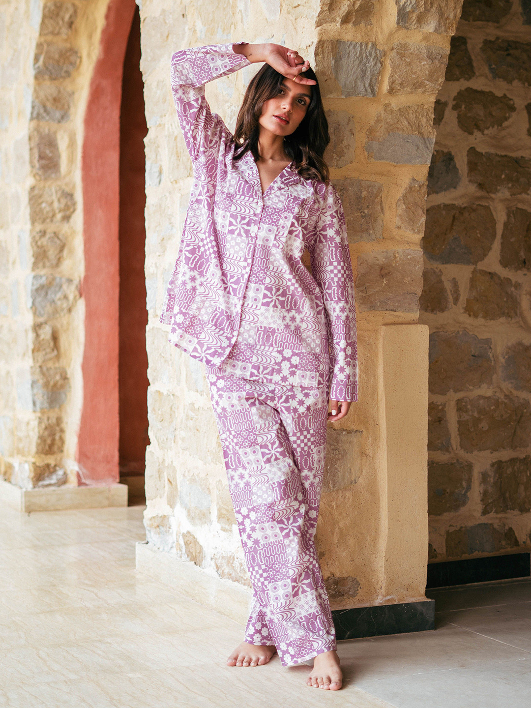 SANSKRUTIHOMES Purple Printed Shirt Collar Oversized Night Suit
