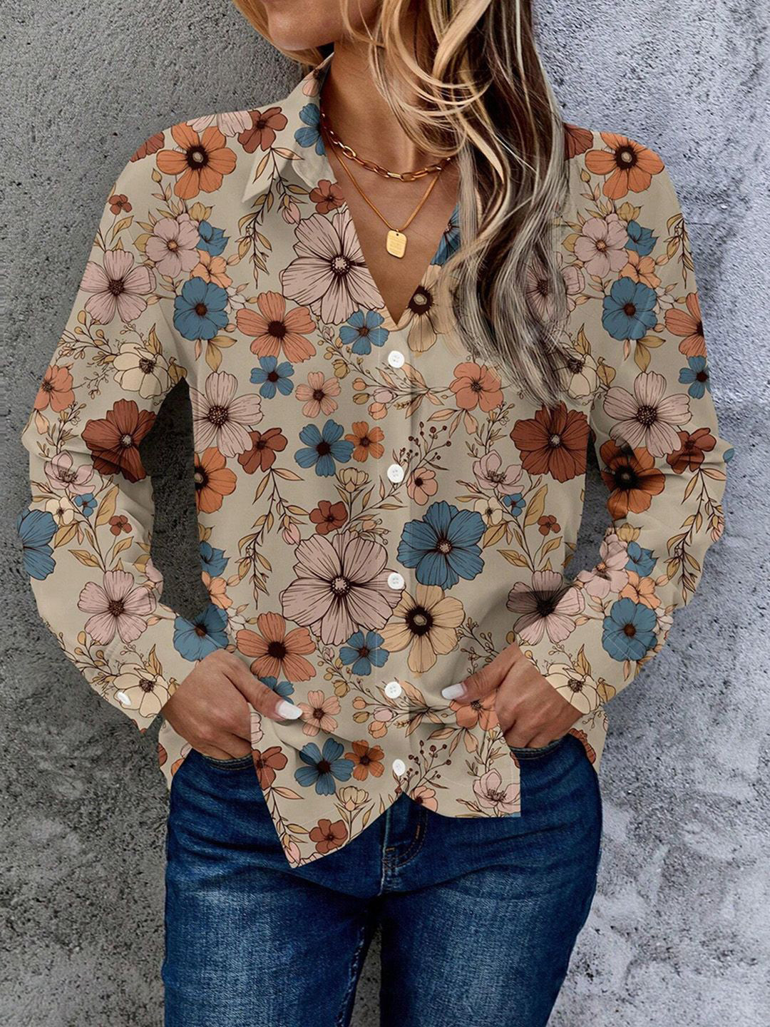 JC Mode Floral Print Mandarin Collar Bell Sleeve Shirt Style Top