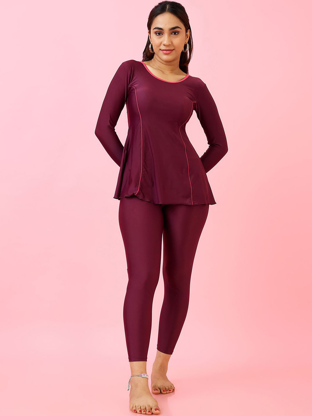 LYCOT Round Neck Long Sleeves Swim Dress