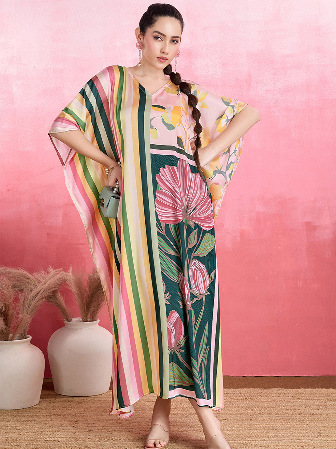 LABEL AARNA Colorwoven Stripes Soft Satin Kaftan