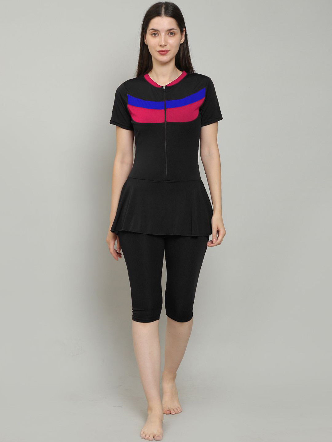 MEGASKA ColorBlock Knee Length One Piece Removable Chest Pads Swimming Dress