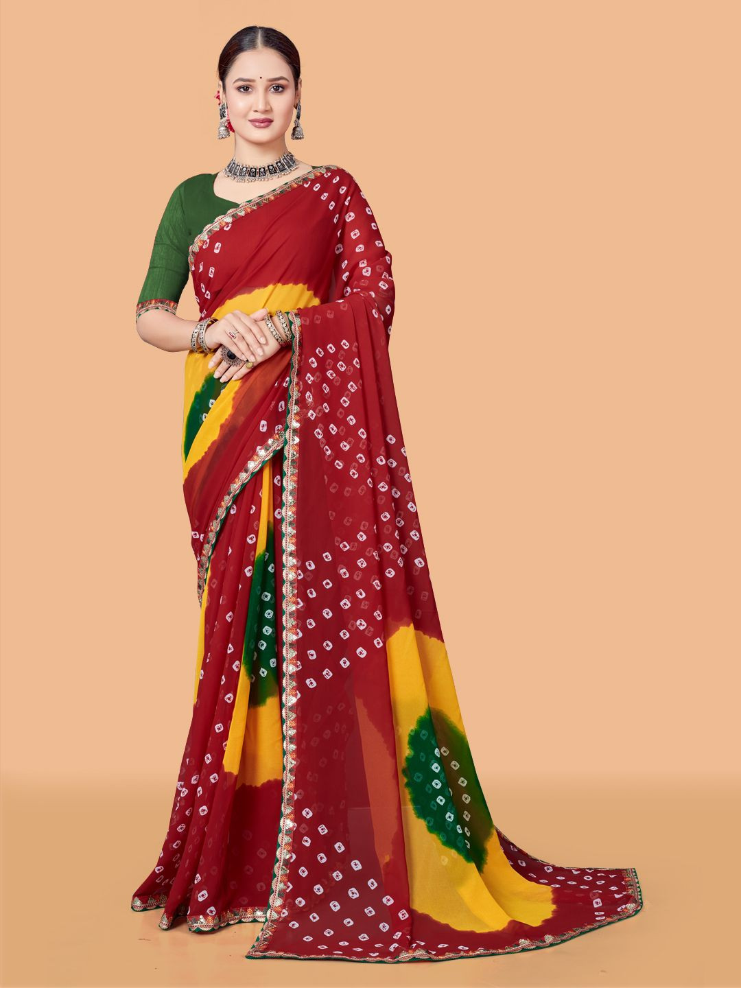 ASTEYAM Bandhani Sequinned Pure Georgette Bandhani Saree