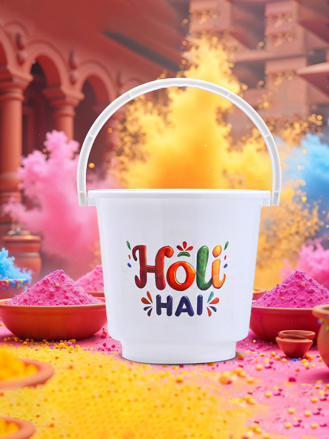 Kuber Industries White & Red Textured Water Holi Bucket Plastic Bath Accessories Set