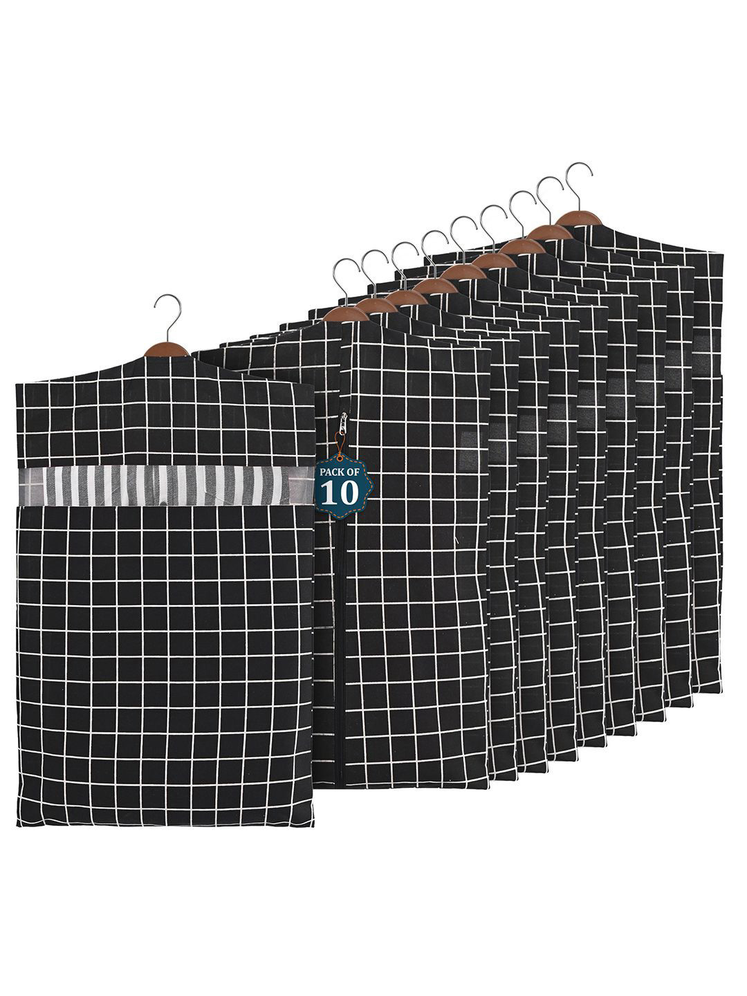 Kuber Industries Black & White 10 Pieces Checked Cotton Hanging Cloth Organisers