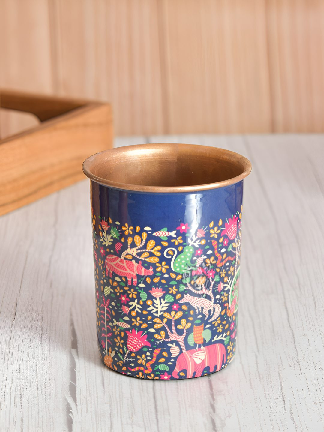 oggn Copper-Toned & Blue Floral Meena Printed Copper Water Glass-250 ml