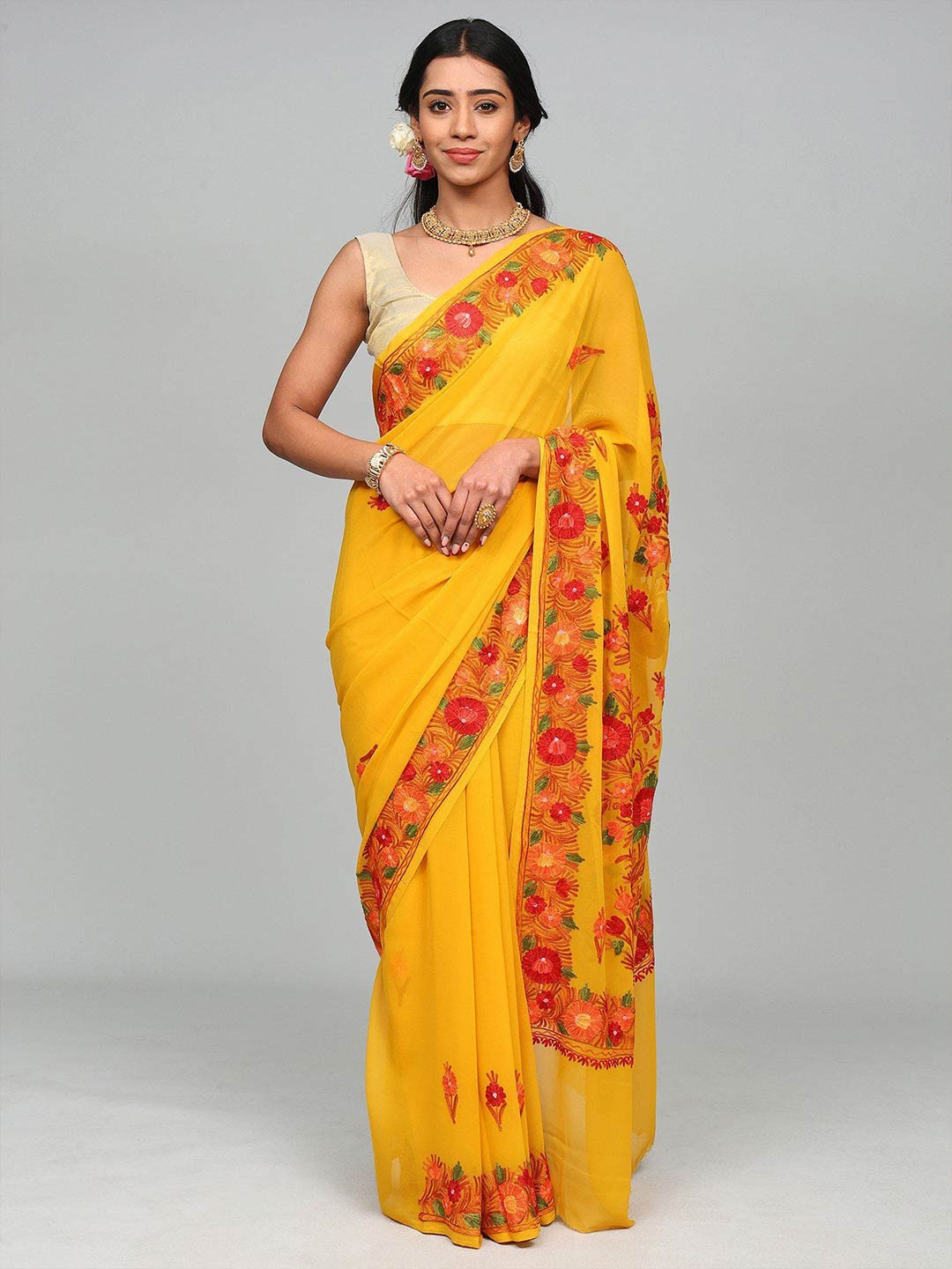 Exotic India Georgette Kashmiri Saree with Aari Embroidered Multicolor Flowers