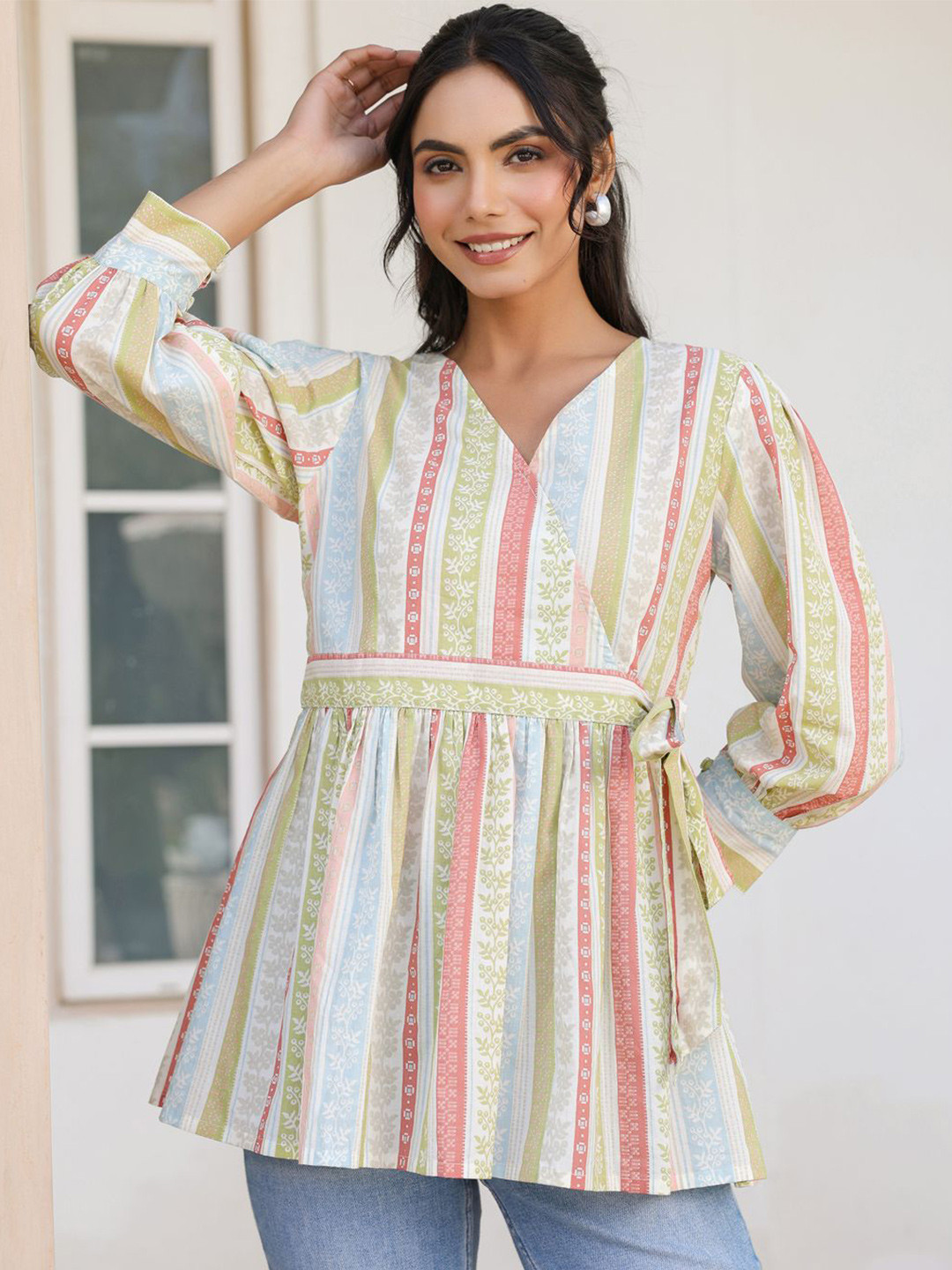 Janasya Women's Off White Pure Cotton Floral Printed Peplum Top